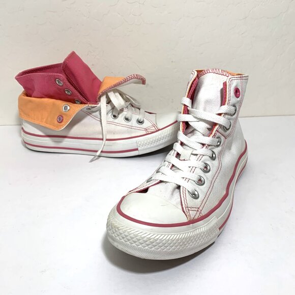 Converse Double Upper Tongue Sneakers High Top CTAS White Pink Orange Size 9 NEW - Picture 1 of 8
